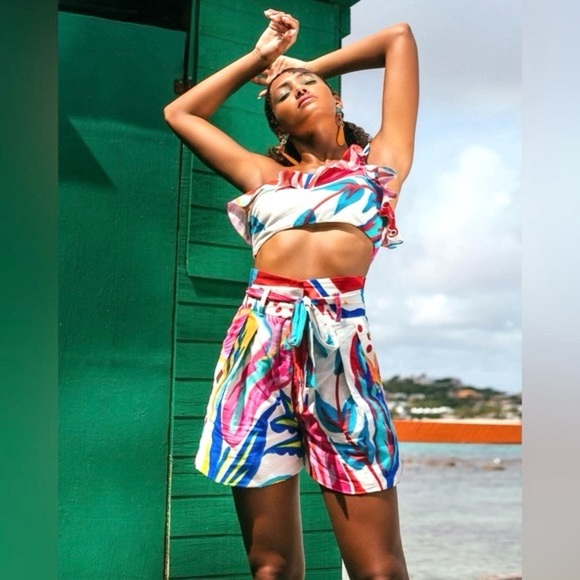 PatBo Floral High Waist Short White Blue Pink Watercolor Boho Cotton - Picture 3 of 9